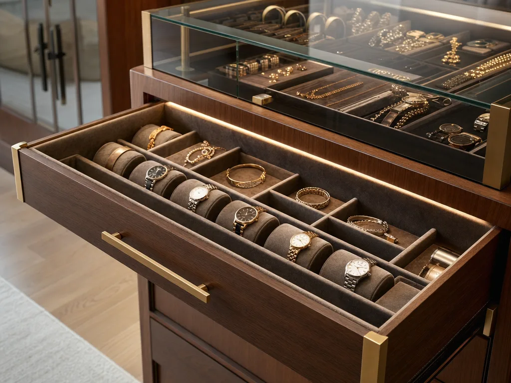 Custom closet island with velvet-lined jewelry drawer